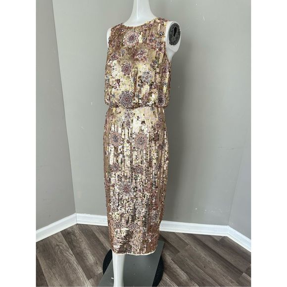 MAC DUGGAL HAND BEADED HIGH NECK MIDI DRESS - Picture 8 of 11
